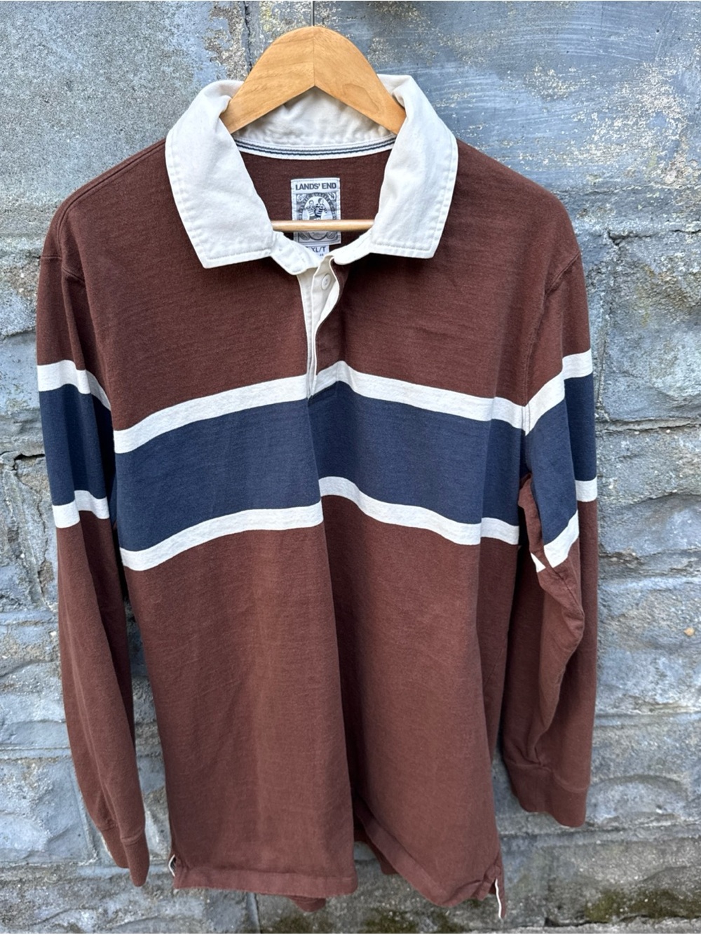 Lands End Mens XL Tall Rugby Shirt Long Sleeve Striped Brown Navy Blue Cotton